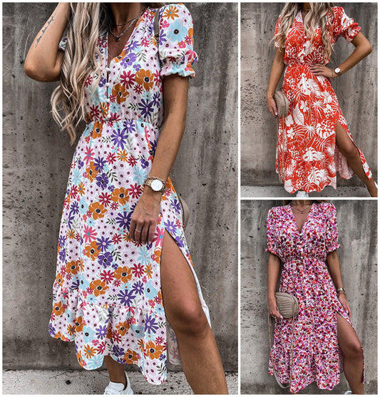 🌸2025 Nové Plus velikost elegantní V-Neck květinové vysoký pas Split šaty