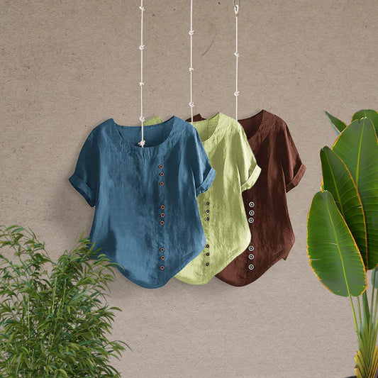 2025NOVINKA🔥🔥 Lněné tričko s knoflíky v uvolněném střihu