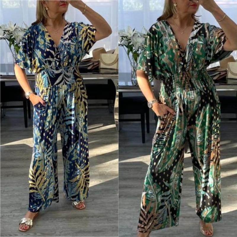 🥻Dámské letní módní kombinéza Leaf Print Plus Size s elastickým pasem
