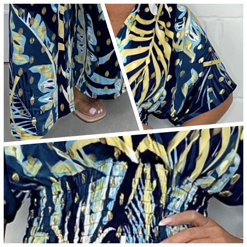🥻Dámské letní módní kombinéza Leaf Print Plus Size s elastickým pasem