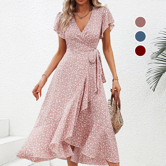 Dámské letní elegantní V krku Tie pasu Flowy květinové šaty