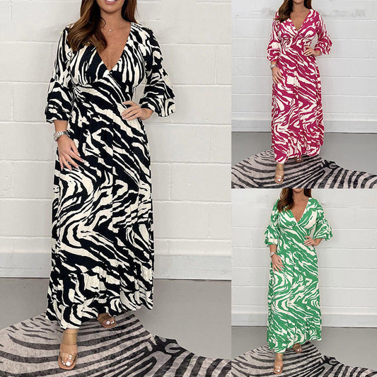 ✨V-Neck Zebra Stripe Waistline 3/4 rukávy šaty