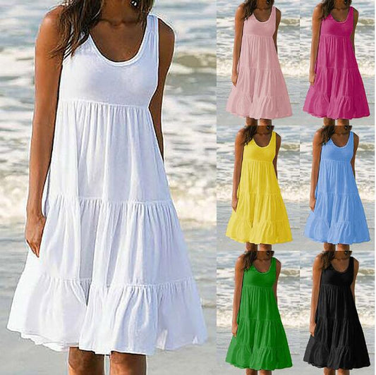 Multicolor sleeveless round neck splicing large hem dress