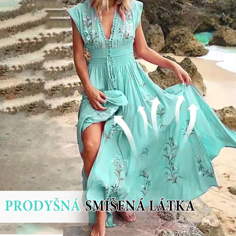 Dámské ležérní boho letní dlouhé šaty s V-krkem s potiskem