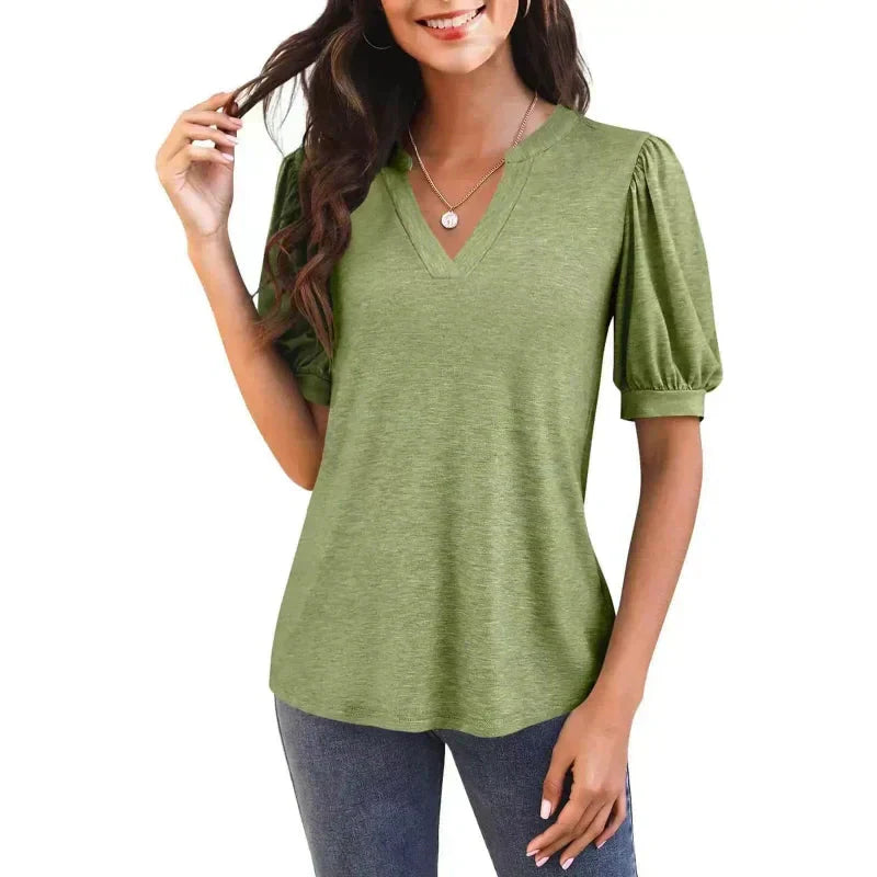 🔥👚Dámské tričko s výstřihem do V a krátkým rukávem, ležérní, elegantní.