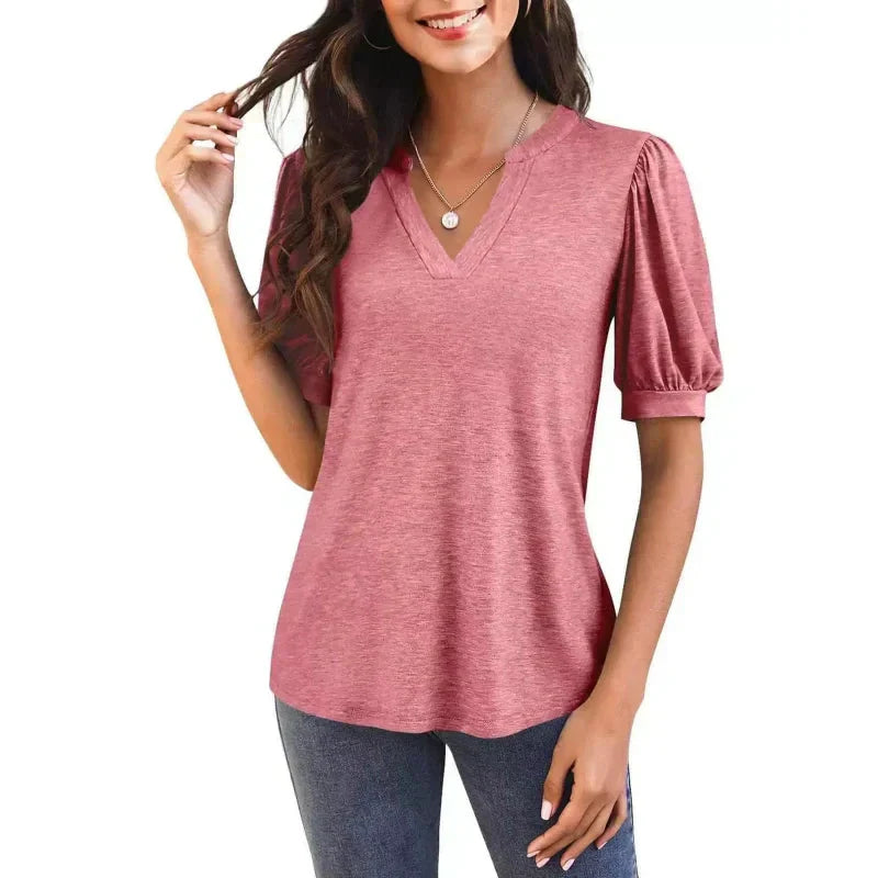 🔥👚Dámské tričko s výstřihem do V a krátkým rukávem, ležérní, elegantní.