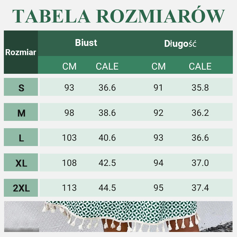 Damska casualowa sukienka boho z nadrukiem, dekoltem w serek i frędzlami