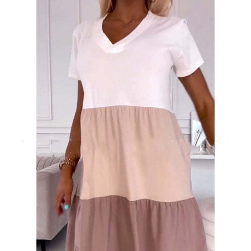 🔥👗Tříbarevný patchworkový vzor, elegantní dámské dlouhé šaty s výstřihem