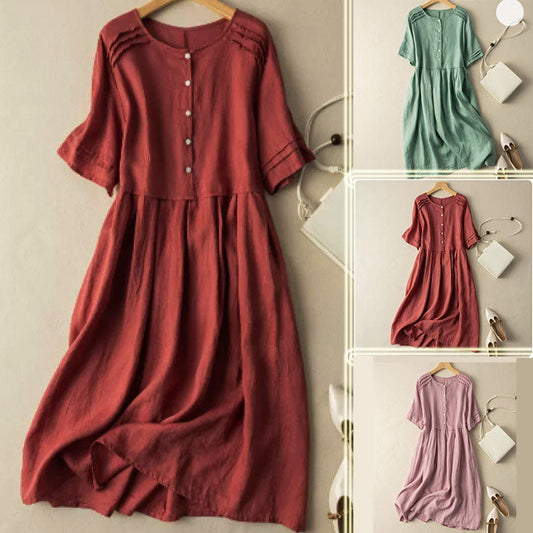 💘 Bavlněné lněné košilové šaty s krátkým rukávem v retro stylu