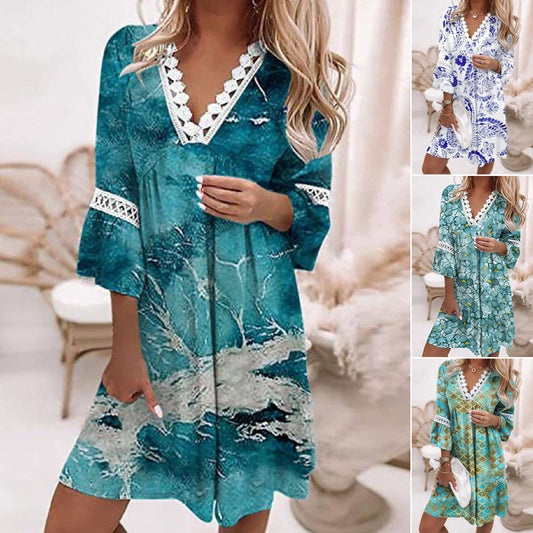 💖Dámské tištěné casual šaty s V-výstřihem