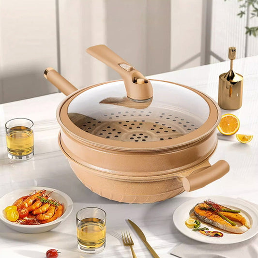 Hliněný wok s nepřilnavým povrchem a parním košem