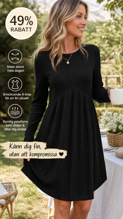 ✨Damernas Ribbstickade A-linjeklänning – Elegant Midiklänning med Lång Ärm för Höst och Vinter