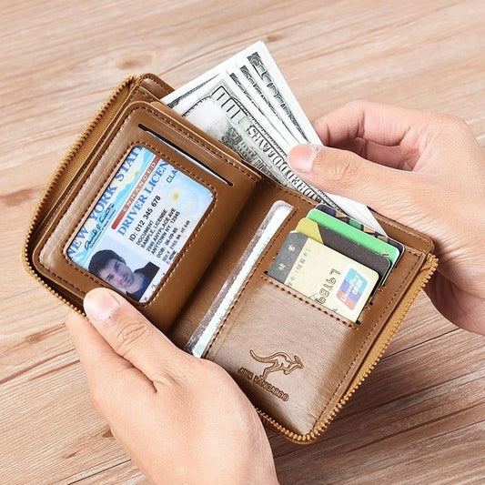 Pánská peněženka se zipem, peněženka z pravé kůže (s ochranou RFID)