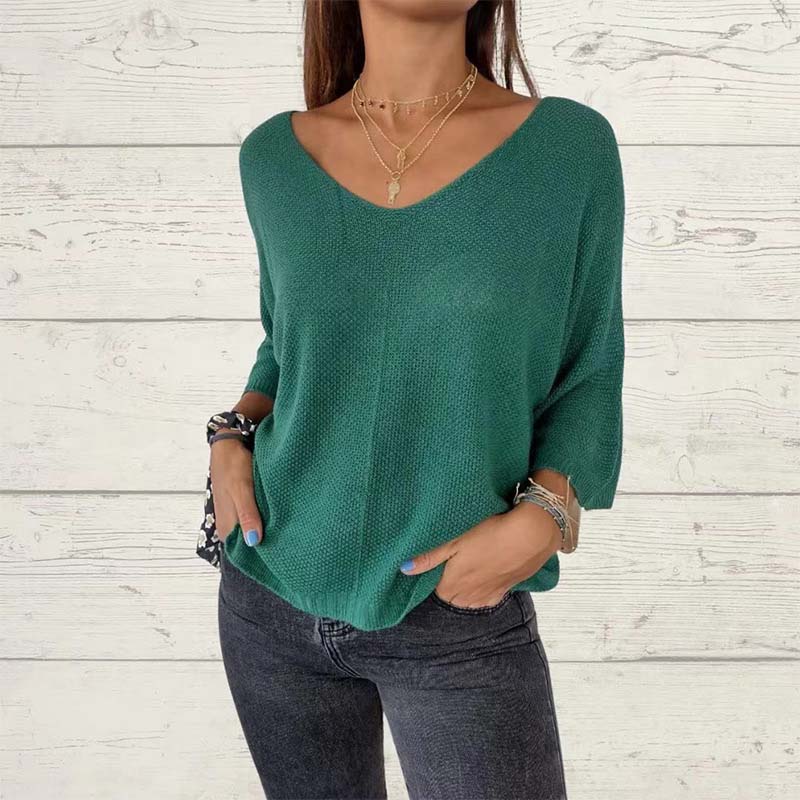 Dámské netopýří rukávy jednobarevné V-Neck Knit Top