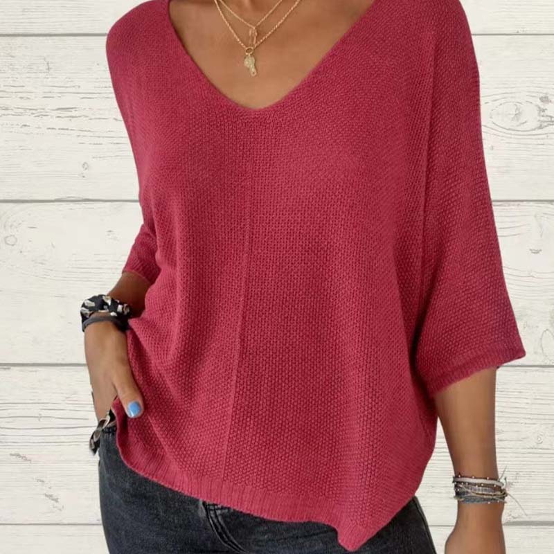 Dámské netopýří rukávy jednobarevné V-Neck Knit Top