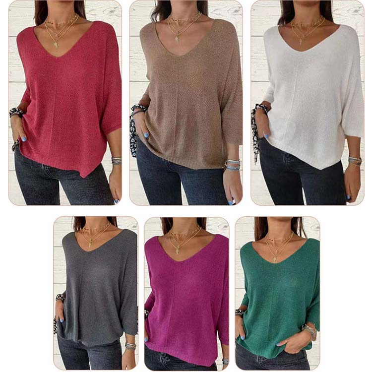 Dámské netopýří rukávy jednobarevné V-Neck Knit Top