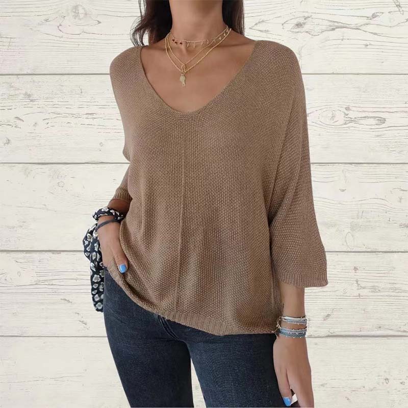 Dámské netopýří rukávy jednobarevné V-Neck Knit Top