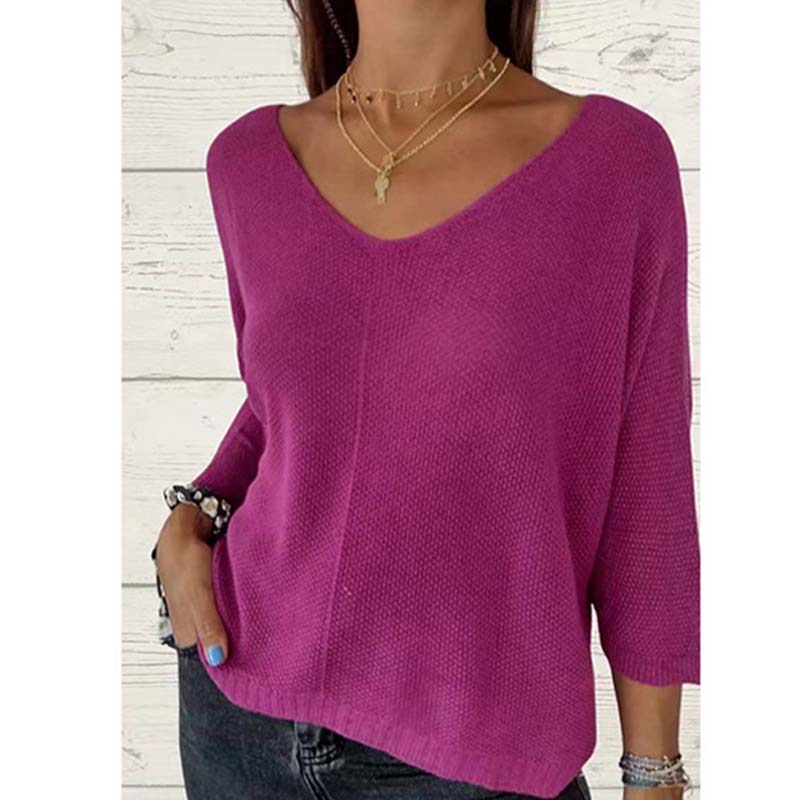 Dámské netopýří rukávy jednobarevné V-Neck Knit Top