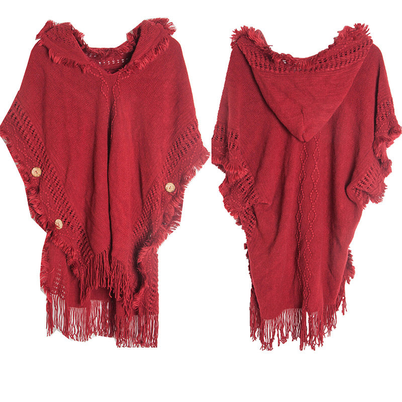 Women’s Elegant Hooded Knit Poncho Sweater with Fringe Trim