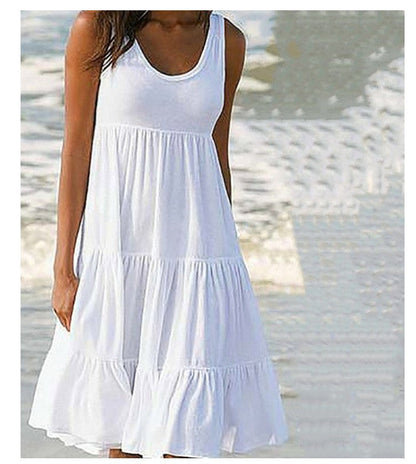 Multicolor sleeveless round neck splicing large hem dress