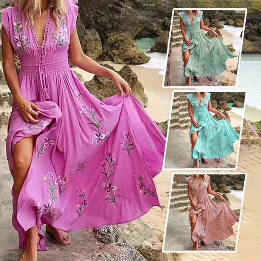 Dámské ležérní boho letní dlouhé šaty s V-krkem s potiskem