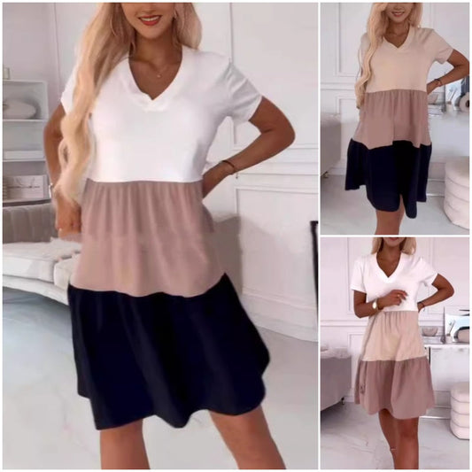 🔥👗Tříbarevný patchworkový vzor, elegantní dámské dlouhé šaty s výstřihem