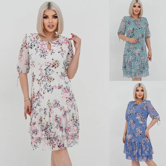 Dámské elegantní krátké rukávy skládané dlouhé šaty