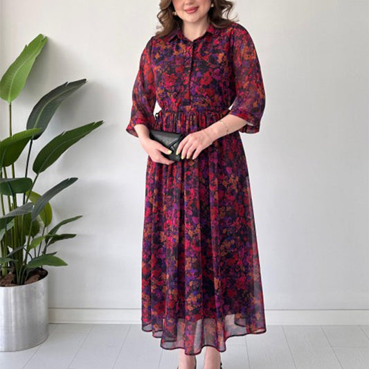 Dámské elegantní tisk Loose Fit Flowy Maxi šaty