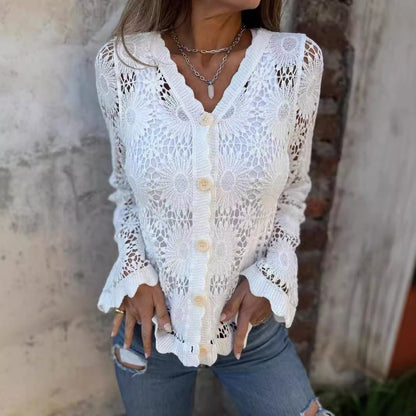 【S-2XL】🌸Dámský krajkový top s dlouhým rukávem do V