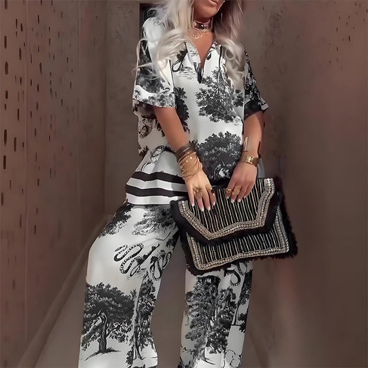 🛍️ Dámská souprava s potiskem - top s výstřihem do V a dlouhé kalhoty