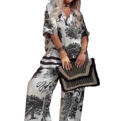 🛍️ Dámská souprava s potiskem - top s výstřihem do V a dlouhé kalhoty