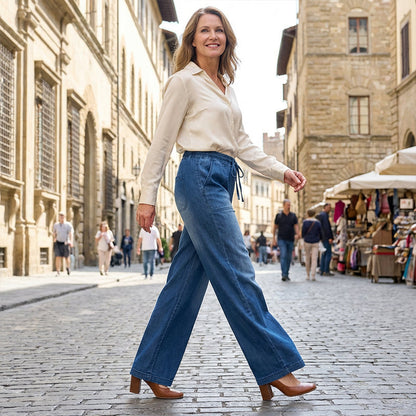 👖🌸 50 % rabatt! | Dammjeans med dragsko och vid ben – stretchig denim & lös passform