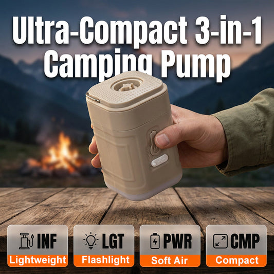 Nafukujte, vyfukujte a svítte jedním přístrojem – 3v-1 přenosná elektrická pumpa se svítilnou. Na dobírku! 🏕️