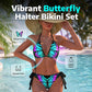 Zářte u bazénu díky svítivému neonovému potisku – motýlí bikini s vázačkou za krkem. Na dobírku! 🦋