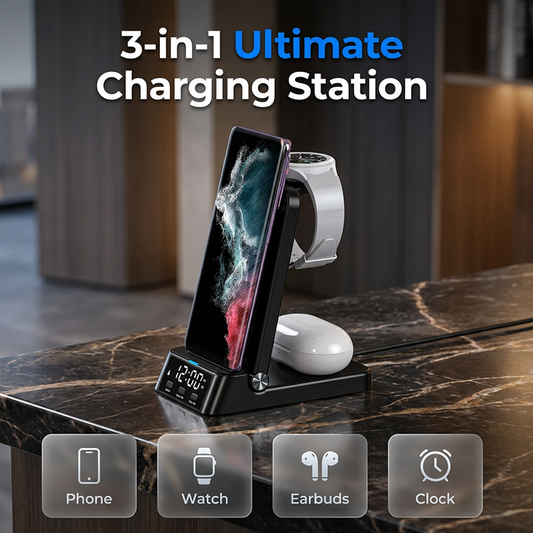 Nabíjejte tři zařízení najednou bez kabelů – 3v1 bezdrátová nabíjecí stanice s inteligentním hodinami. Na dobírku! 🔋