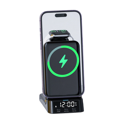 Nabíjejte tři zařízení najednou bez kabelů – 3v1 bezdrátová nabíjecí stanice s inteligentním hodinami. Na dobírku! 🔋