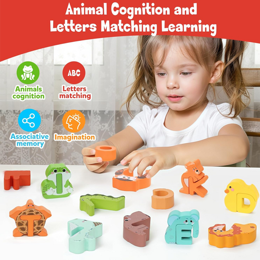 🐶 26-dílná dřevěná puzzle hračka – Učení písmen a zvířat hravě 📦