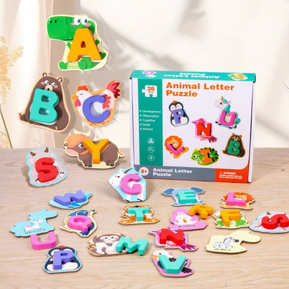 🐶 26-dílná dřevěná puzzle hračka – Učení písmen a zvířat hravě 📦