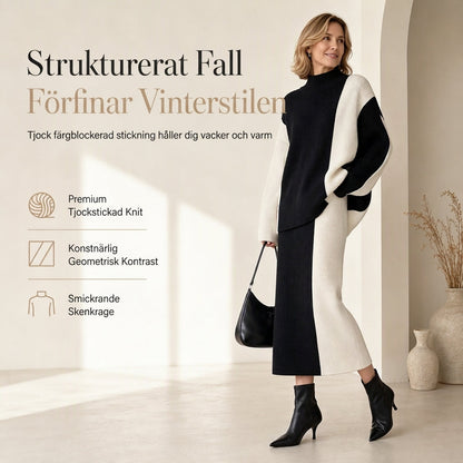 🍂 Höst-/vintererbjudande ✨ 2-delat stickat set för damer i färgblock – varm tröja och elegant kjol för en chic look