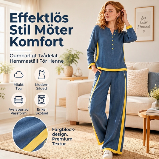 👚 Fritidsset för damer: en långärmad topp i kontrastfärger + ett par byxor med vid ben