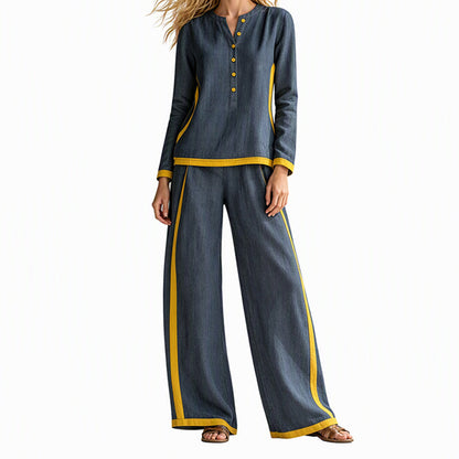 👚 Fritidsset för damer: en långärmad topp i kontrastfärger + ett par byxor med vid ben