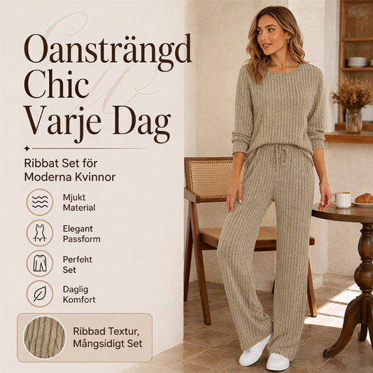 🌷 Damset i stickad ribbtröja och raka byxor