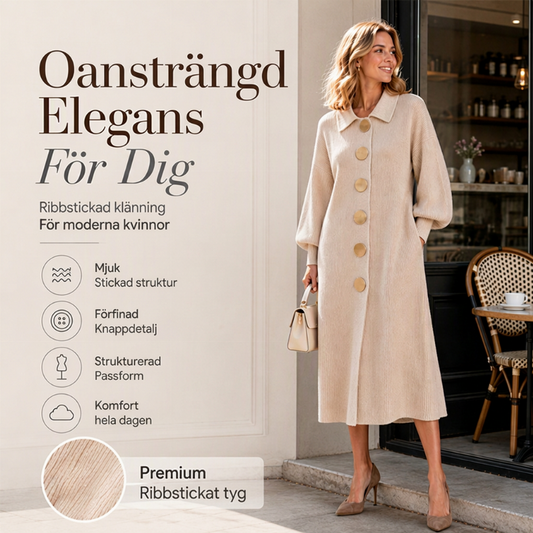 🌸 Lång klänning för damer i ribbad stickning med lampongärmar ✨ Elegant skärning och vackert fall