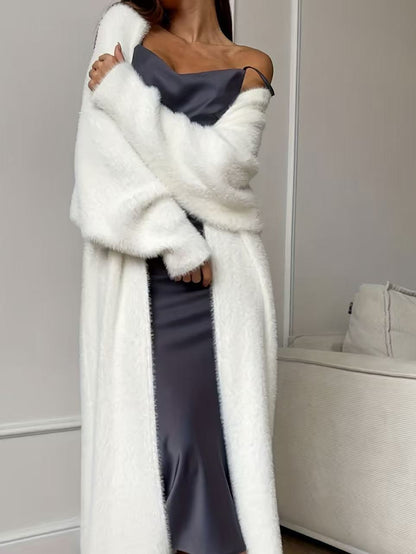 🥰 Nyhet! Lång damkofta i fleece med imiterad päls, en fluffig oversized stickad kofta för höst och vinter