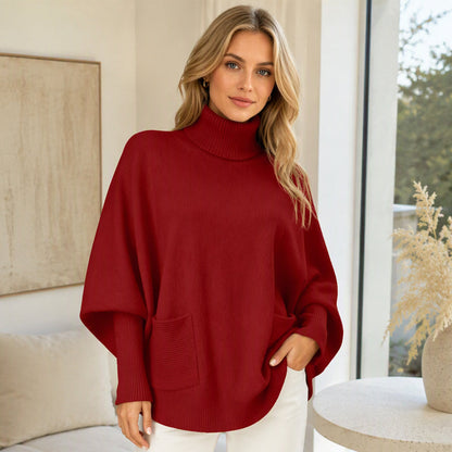 🍀 Kvinnlig turtleneck batärmade ärmar stickad tröja