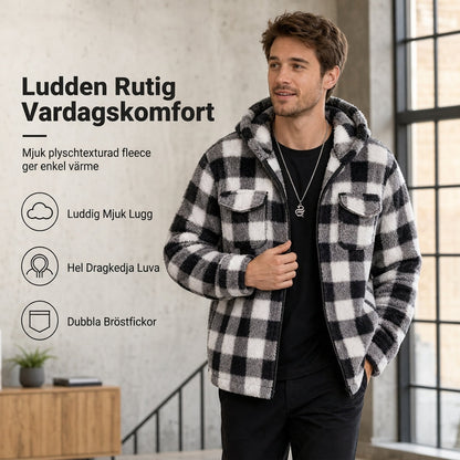 🧥 Rutig, fluffig herrkapp med huva och dragkedja samt dubbla bröstfickor med lock