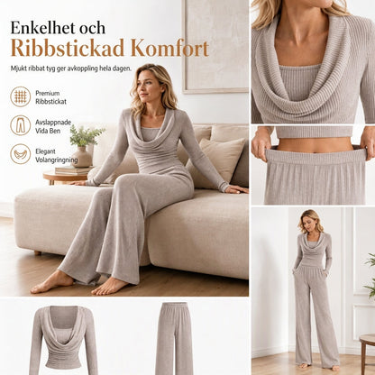 💯 Tvådelat set i ledig stil i stickat för damer: 💗 långärmad, figursydd topp + högmidjade byxor med vida ben