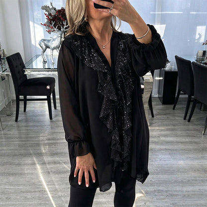 🌹 Damtopp med V-hals och sequin-sydd chiffong