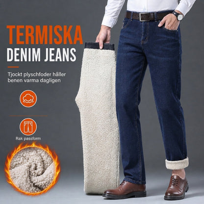 👖 Värmande fleecefodrade jeans för män, lös passform med rakt ben